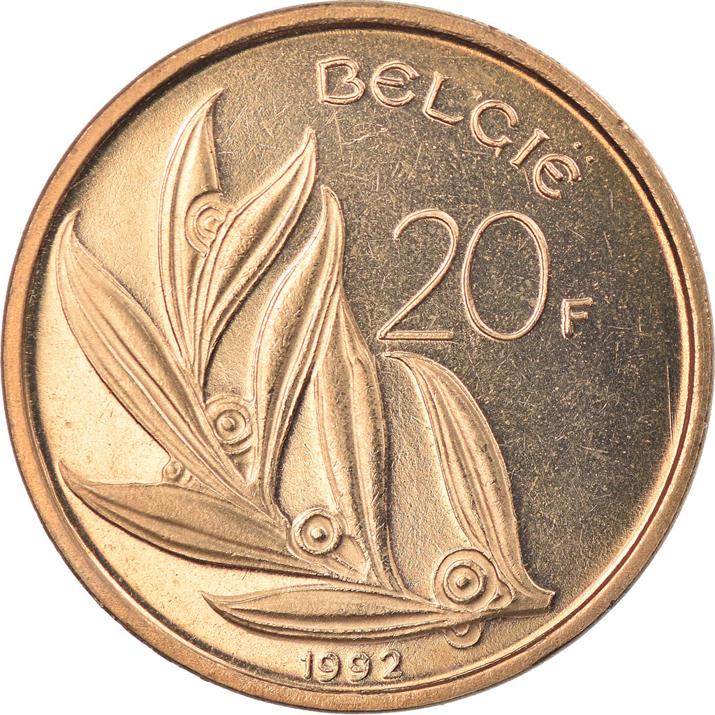 Coin, Belgium, 20 Francs, 20 Frank, 1992, BU, MS(65-70), Nickel-Bronze, KM:160