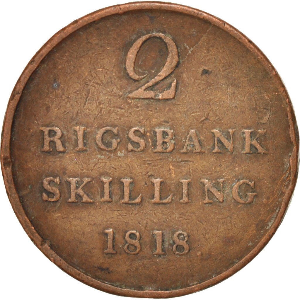 DENMARK, 2 Rigsbankskilling, 1818, KM #689, VF(20-25), Copper, 14.49