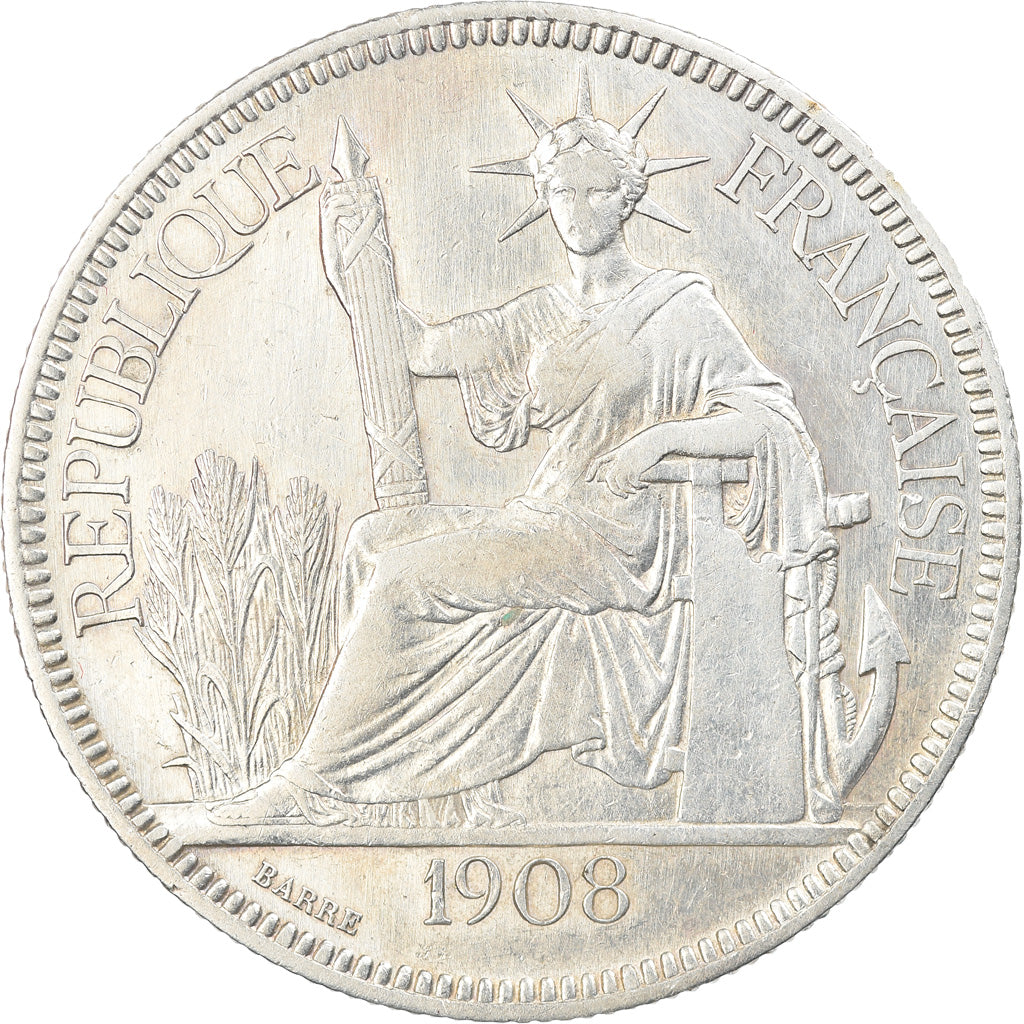 Coin, FRENCH INDO-CHINA, Piastre, 1908, Paris, AU(50-53), Silver, KM:5a.1