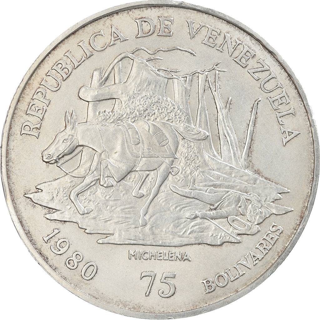 Moneda, Venezuela, 75 Bolivares, 1980, British Royal Mint, EBC, Plata, KM:55