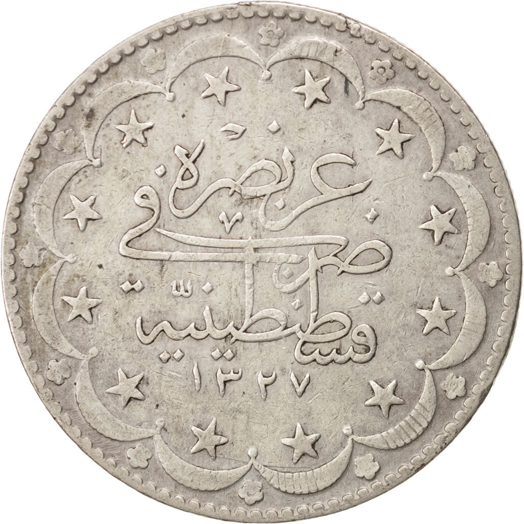 Coin, Turkey, Muhammad V, 20 Kurush, 1909, Qustantiniyah, EF(40-45), Silver