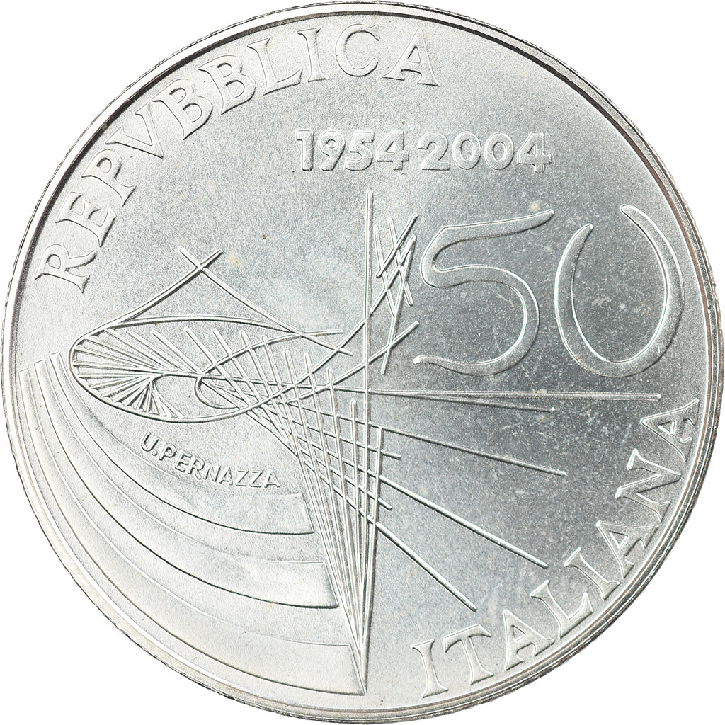 Italy, 5 Euro, 50 ans de la télévision, 2004, Rome, MS(65-70), Silver, KM:254