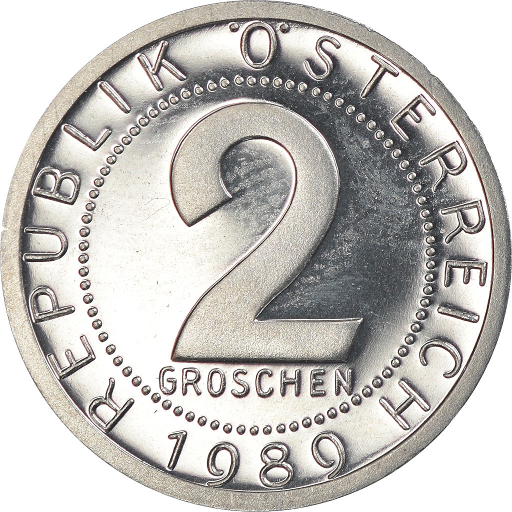Coin, Austria, 2 Groschen, 1989, Proof, MS(65-70), Aluminum, KM:2876