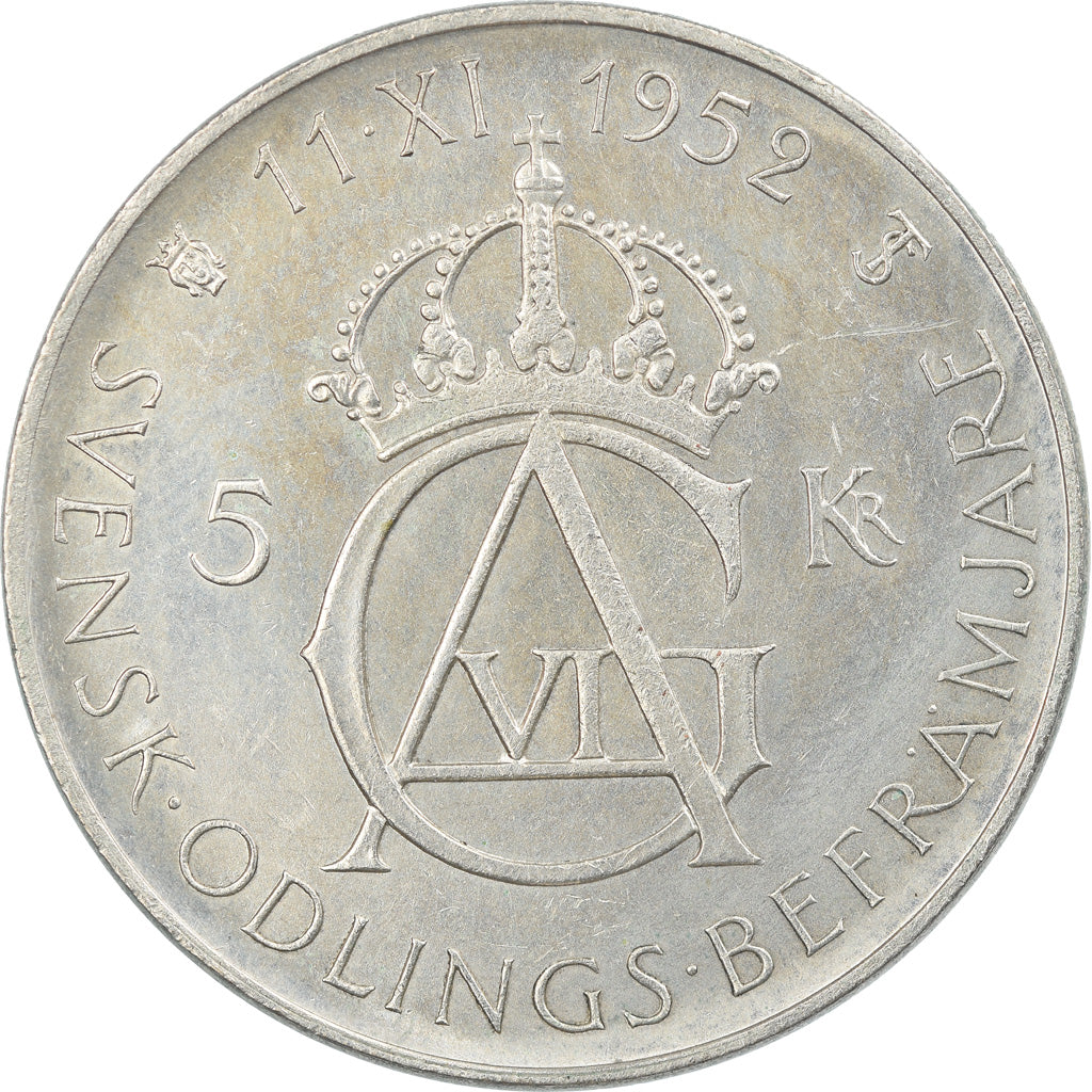 Coin, Sweden, Gustaf VI, 5 Kronor, 1952, MS(63), Silver, KM:828