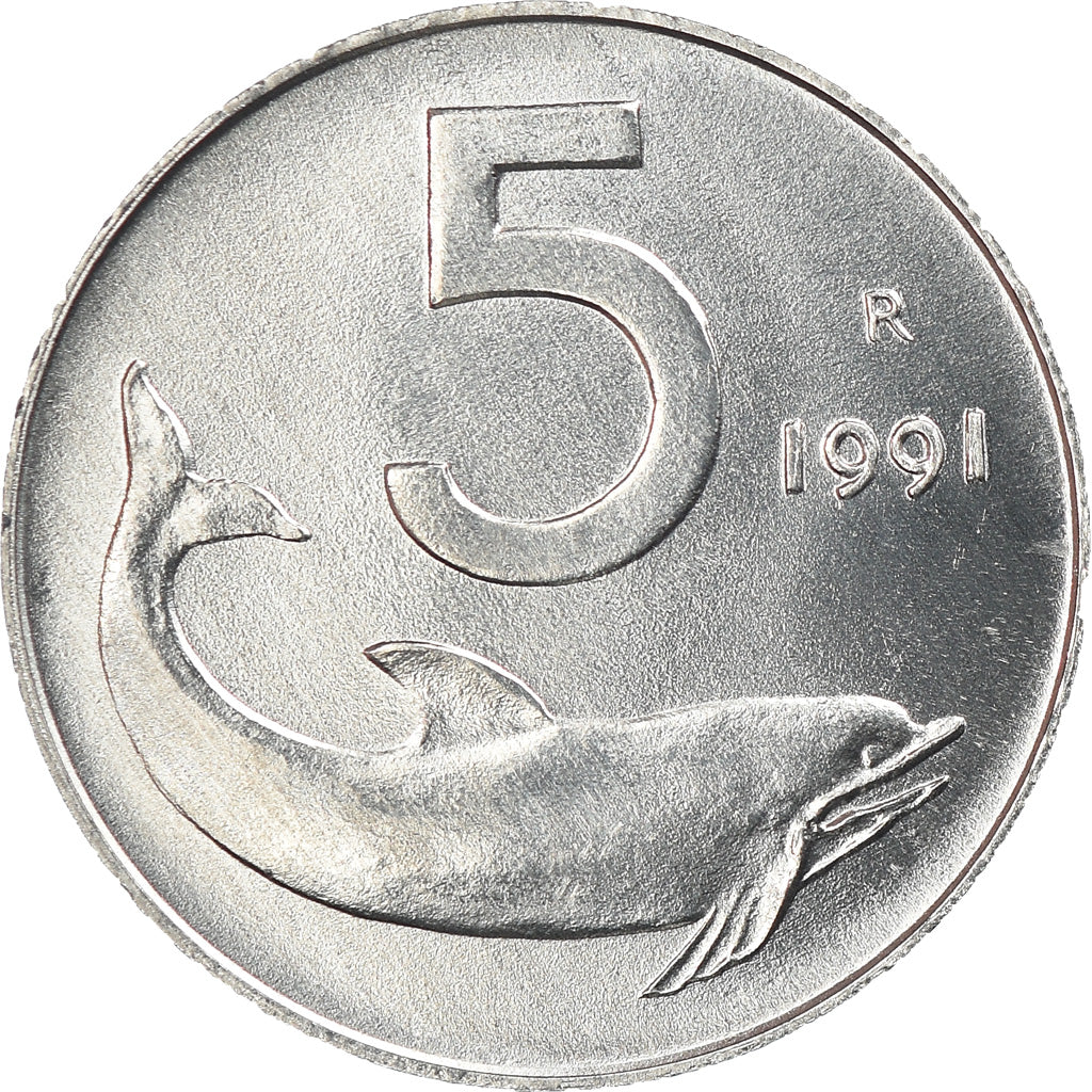 Moeda, Itália, 5 Lire, 1991, Rome, MS(65-70), Alumínio, KM:92