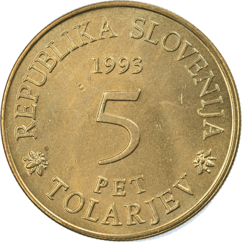Coin, Slovenia, 5 Tolarjev, 1993, MS(65-70), Nickel-brass, KM:12