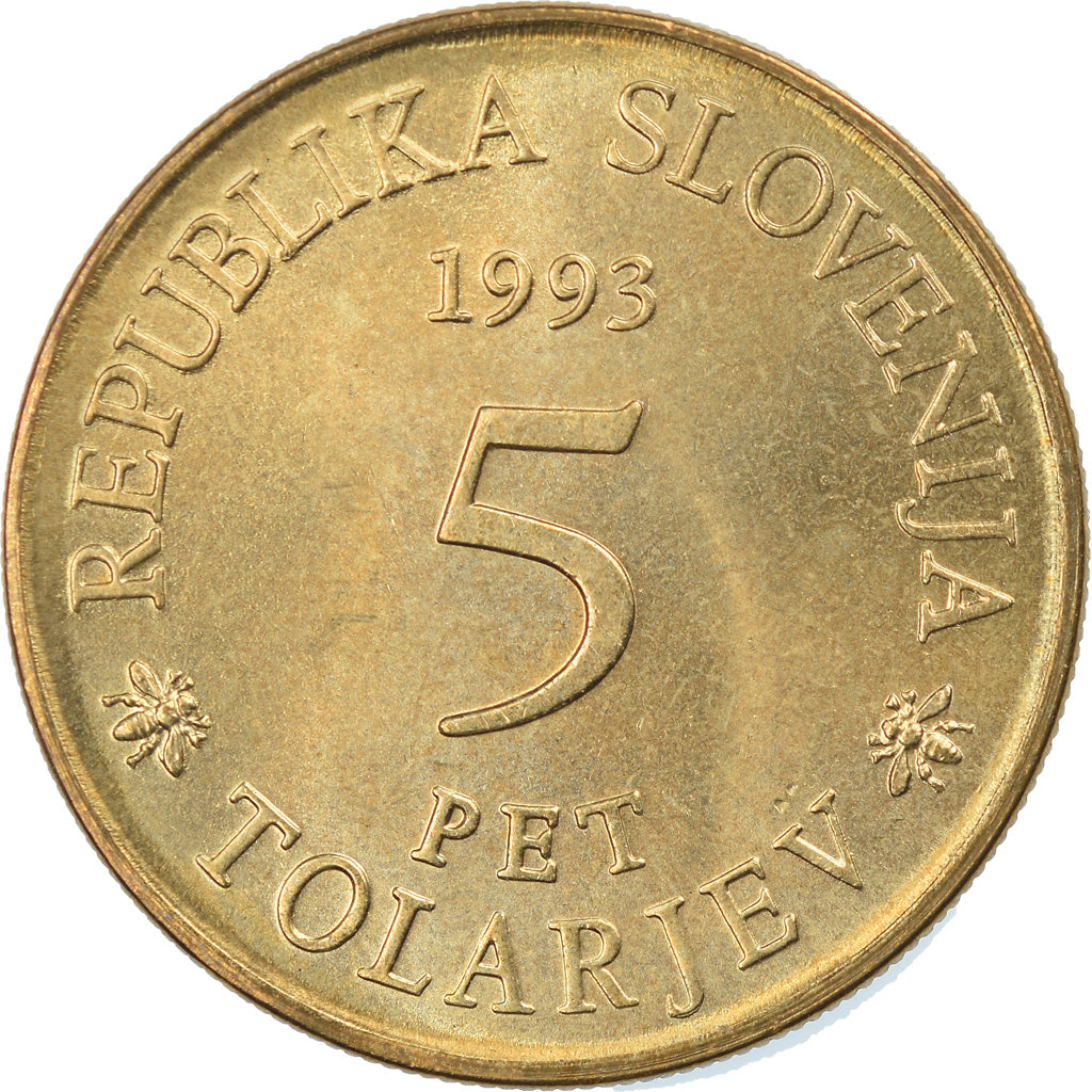 Coin, Slovenia, 5 Tolarjev, 1993, MS(65-70), Nickel-brass, KM:12