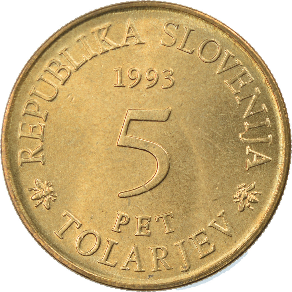 Coin, Slovenia, 5 Tolarjev, 1993, MS(65-70), Nickel-brass, KM:12