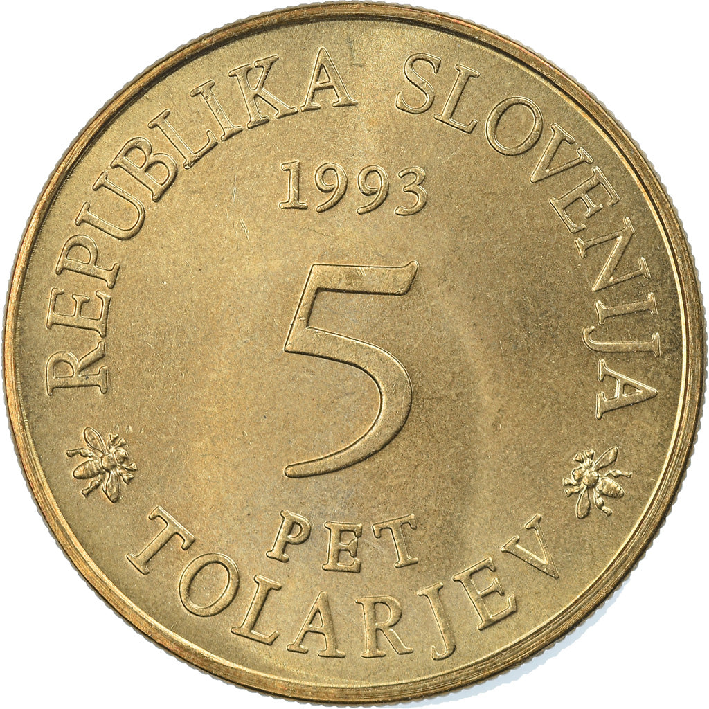 Coin, Slovenia, 5 Tolarjev, 1993, MS(65-70), Nickel-brass, KM:12