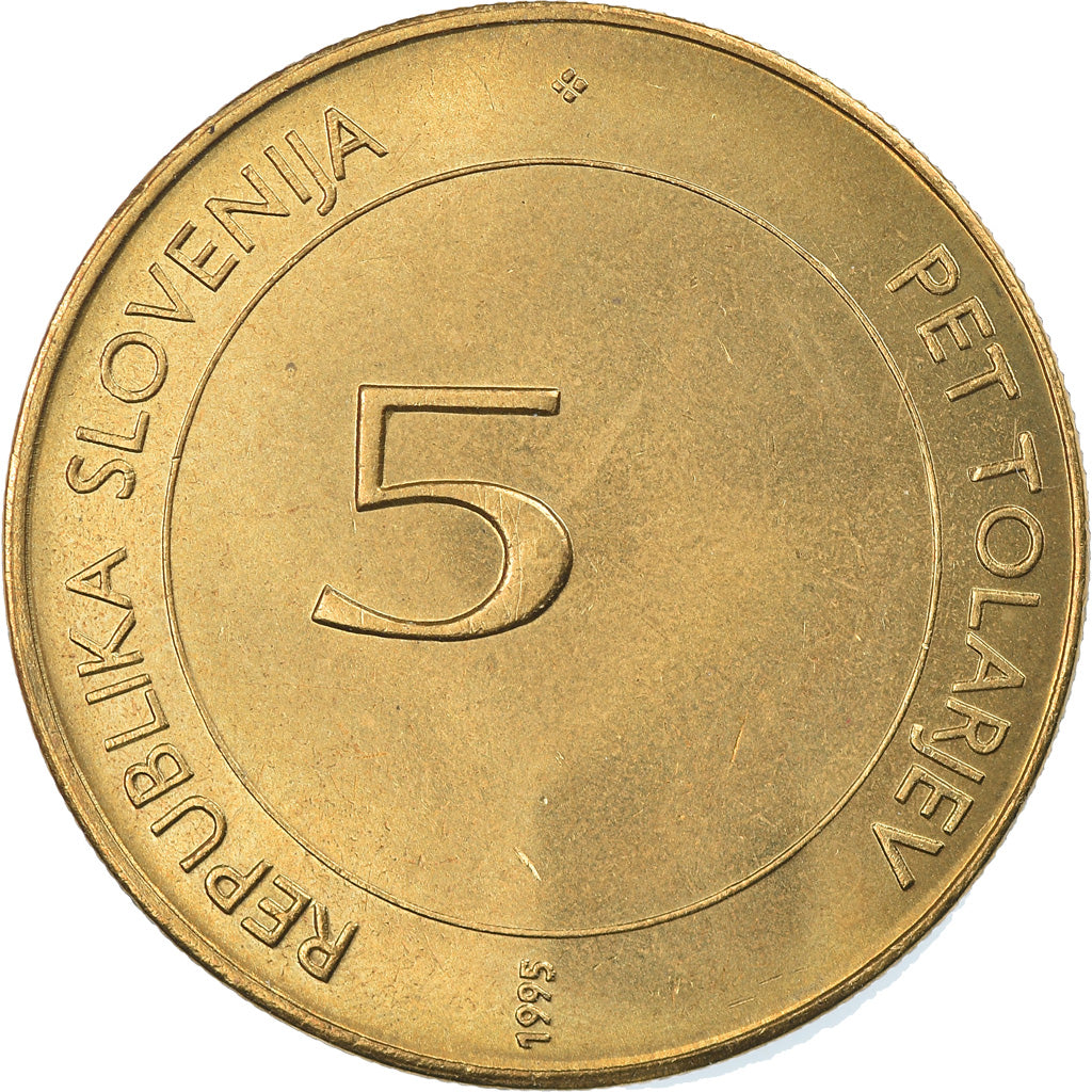 Coin, Slovenia, 5 Tolarjev, 1995, MS(65-70), Nickel-brass, KM:21