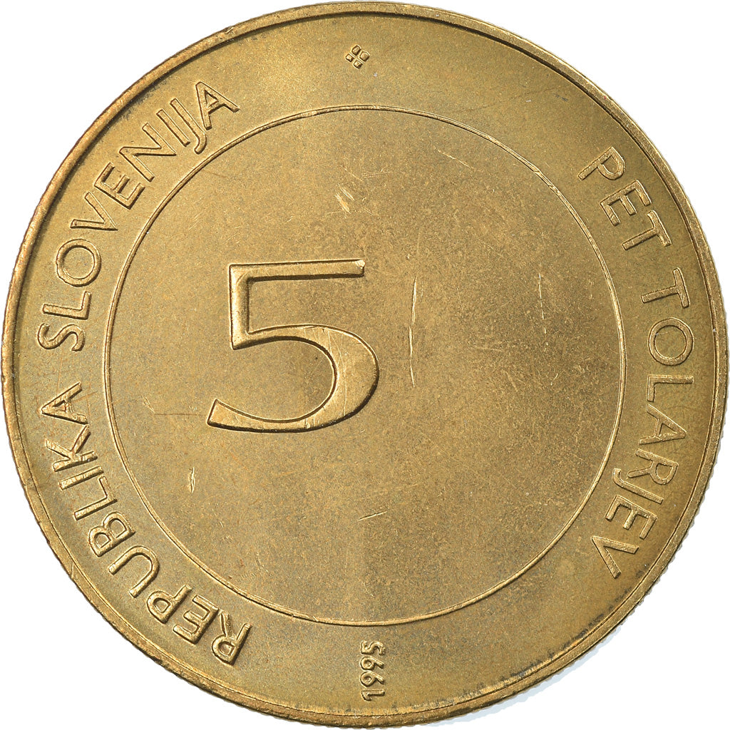 Coin, Slovenia, 5 Tolarjev, 1995, MS(64), Nickel-brass, KM:21