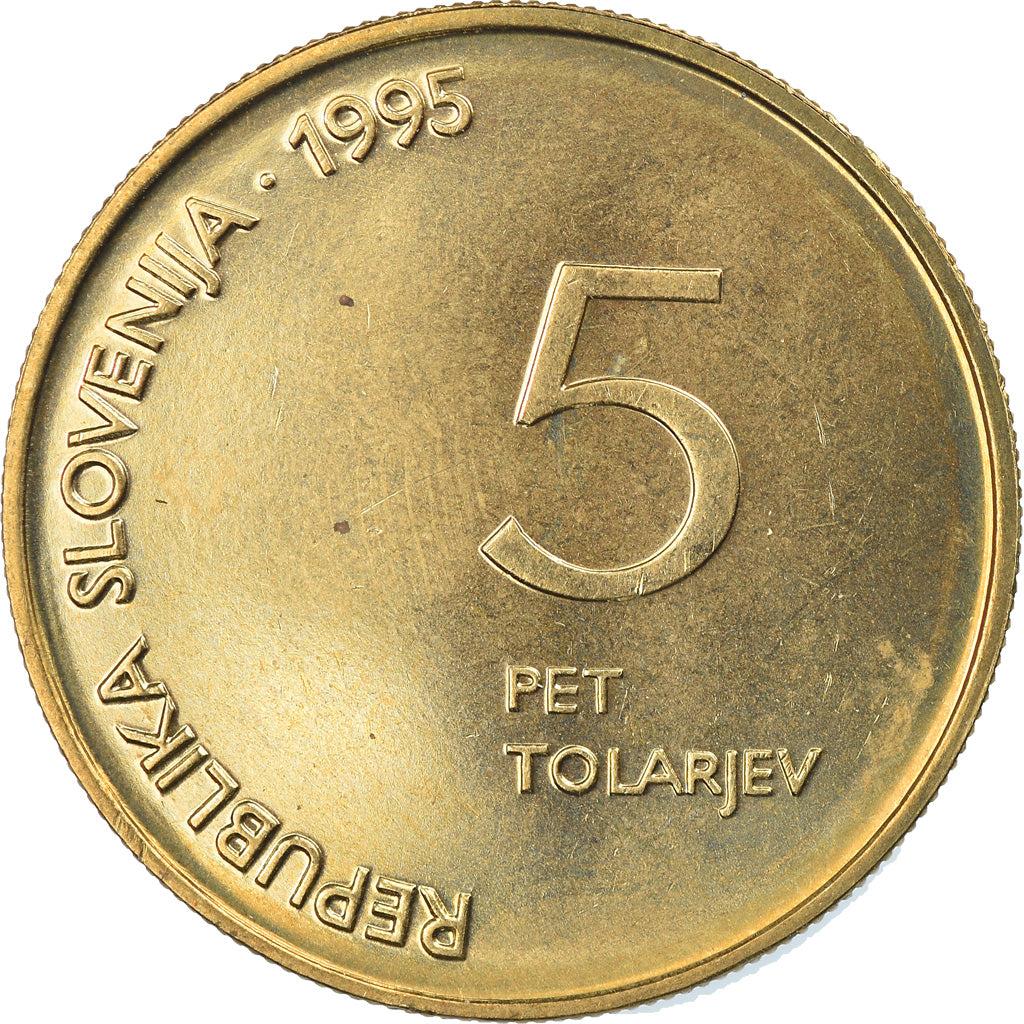 Münze, Slowenien, 5 Tolarjev, 1995, UNZ+, Nickel-brass, KM:22