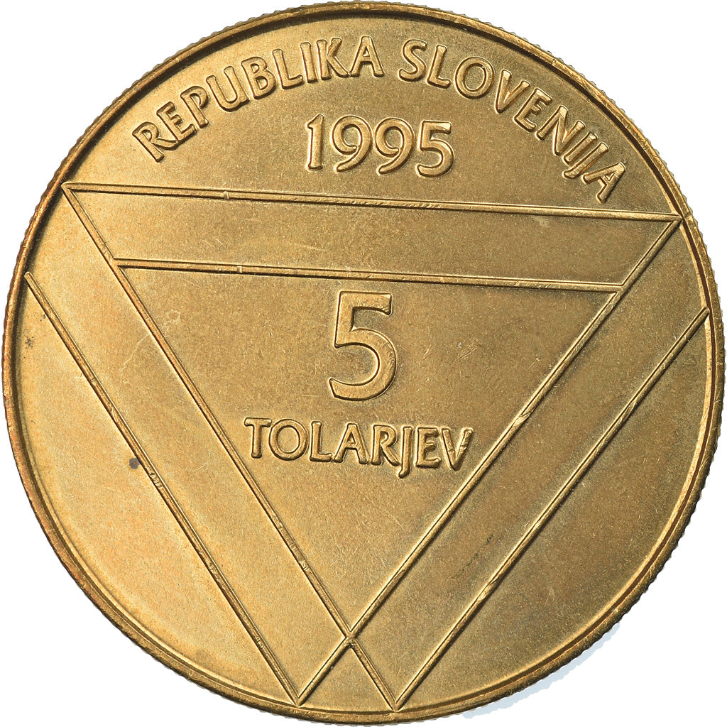 Coin, Slovenia, 5 Tolarjev, 1995, MS(65-70), Nickel-brass, KM:26
