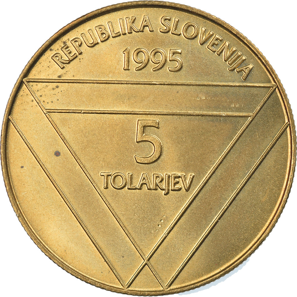 Coin, Slovenia, 5 Tolarjev, 1995, MS(64), Nickel-brass, KM:26