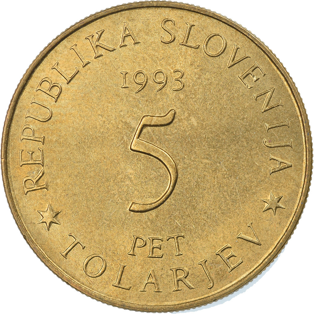 Coin, Slovenia, 5 Tolarjev, 1993, MS(65-70), Nickel-brass, KM:9