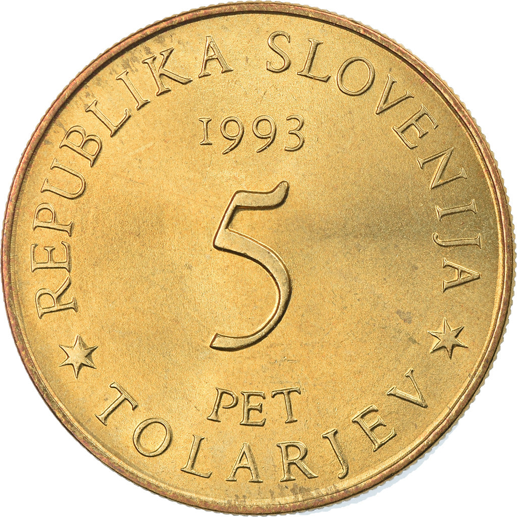 Coin, Slovenia, 5 Tolarjev, 1993, MS(64), Nickel-brass, KM:9