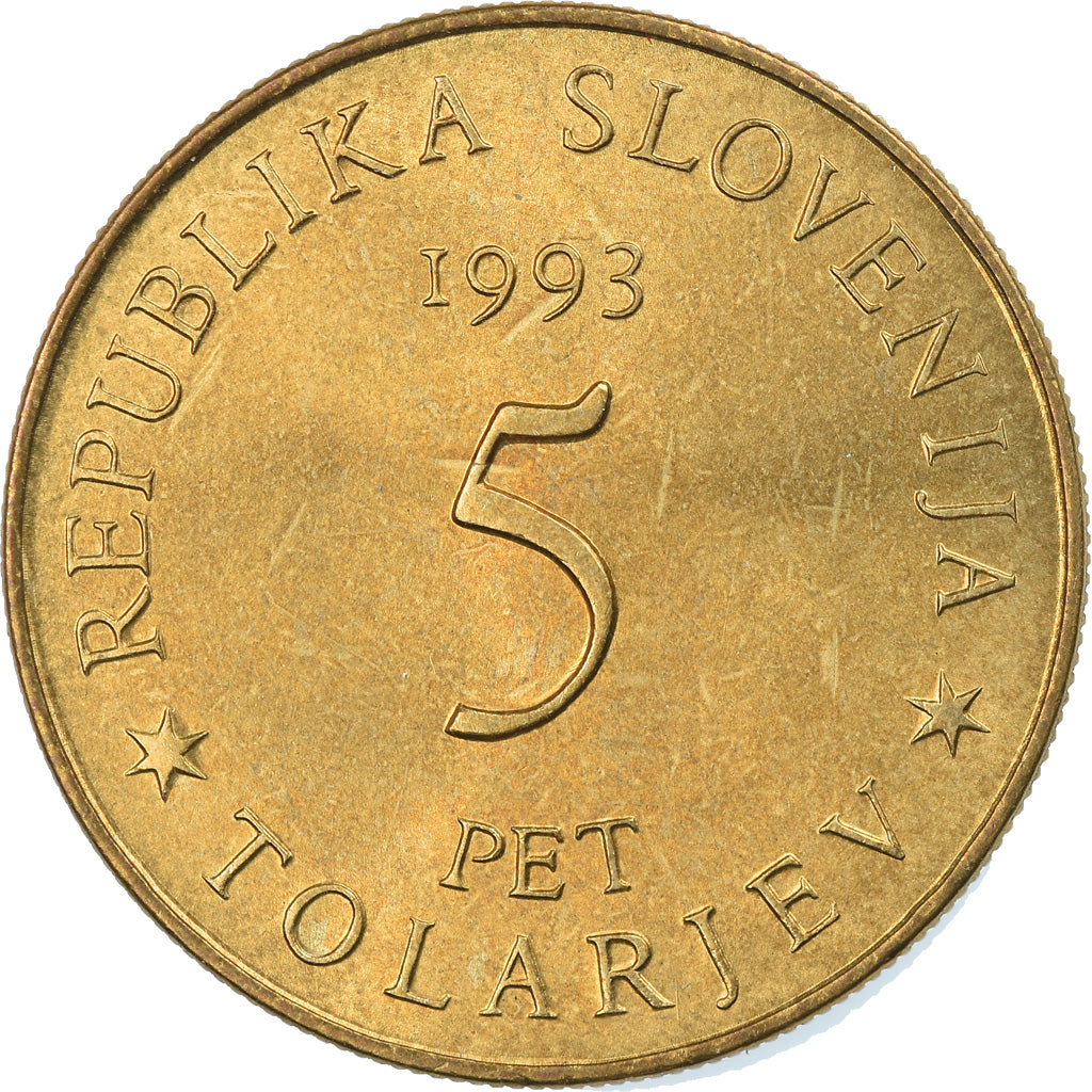 Coin, Slovenia, 5 Tolarjev, 1993, MS(64), Nickel-brass, KM:9