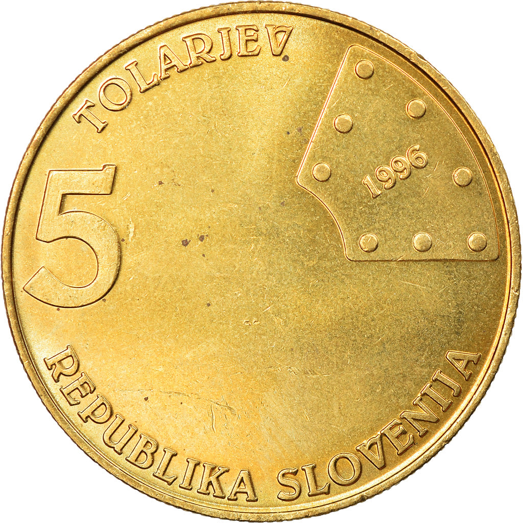 Coin, Slovenia, 5 Tolarjev, 1996, MS(65-70), Nickel-brass, KM:29