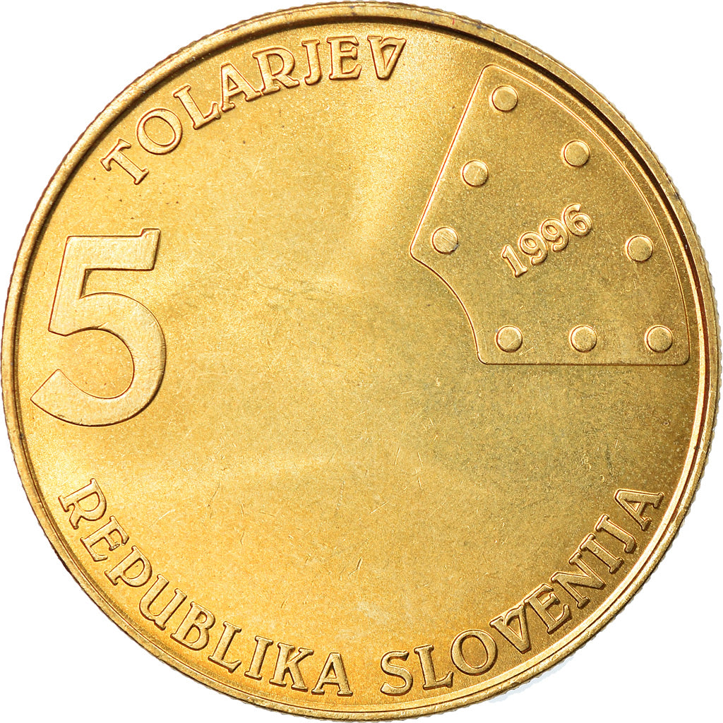Coin, Slovenia, 5 Tolarjev, 1996, MS(64), Nickel-brass, KM:29