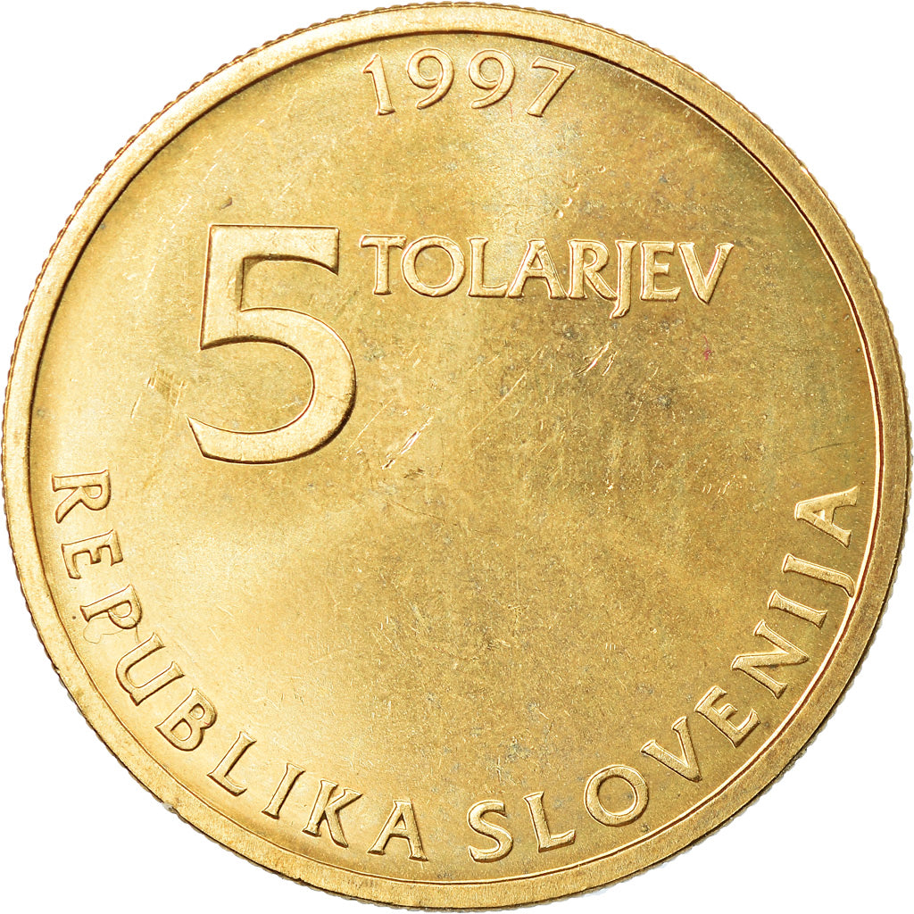Coin, Slovenia, 5 Tolarjev, 1997, MS(65-70), Nickel-brass, KM:38