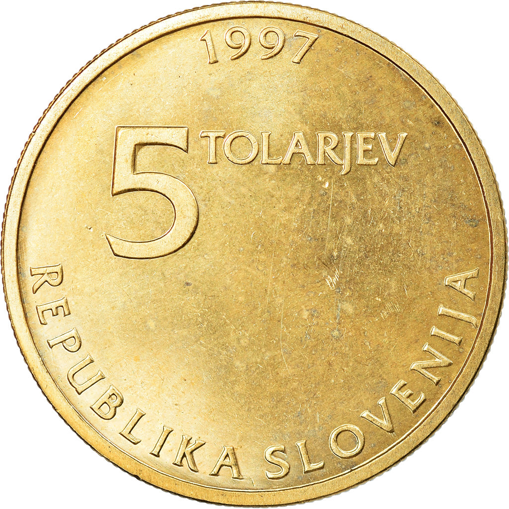 Coin, Slovenia, 5 Tolarjev, 1997, MS(65-70), Nickel-brass, KM:38