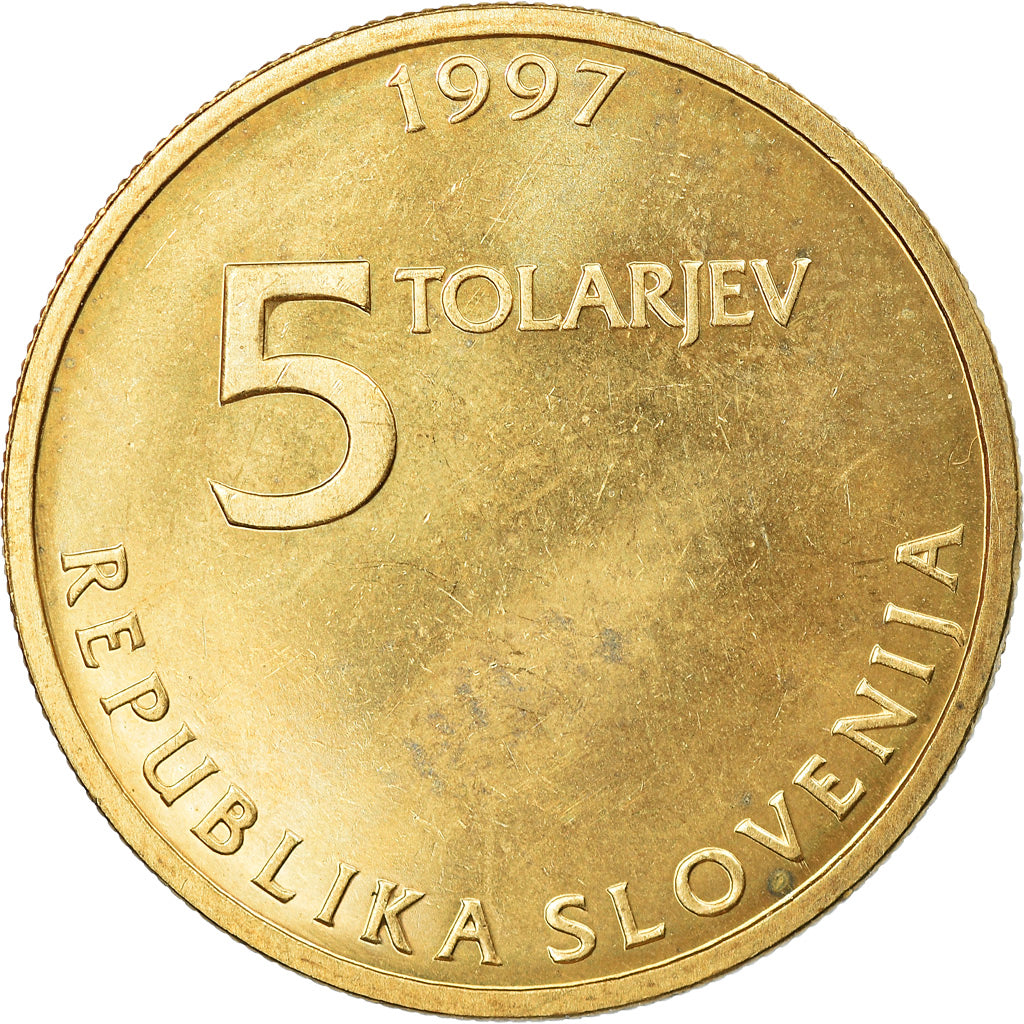 Coin, Slovenia, 5 Tolarjev, 1997, MS(65-70), Nickel-brass, KM:38