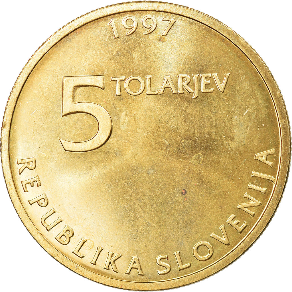 Coin, Slovenia, 5 Tolarjev, 1997, MS(64), Nickel-brass, KM:38