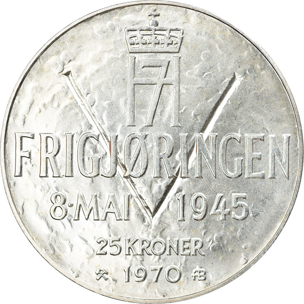 Coin, Norway, Olav V, 25 Kroner, 1970, MS(63), Silver, KM:414
