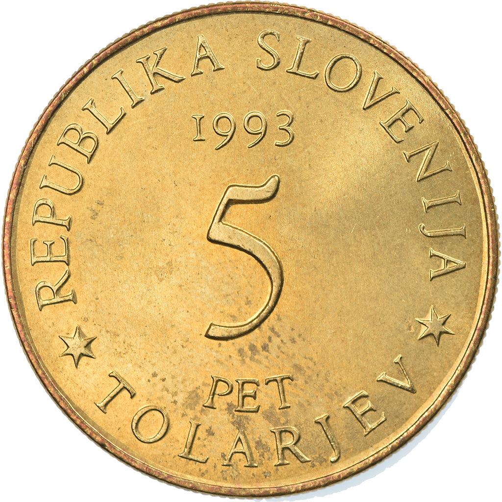 Coin, Slovenia, 5 Tolarjev, 1993, MS(63), Nickel-brass, KM:9