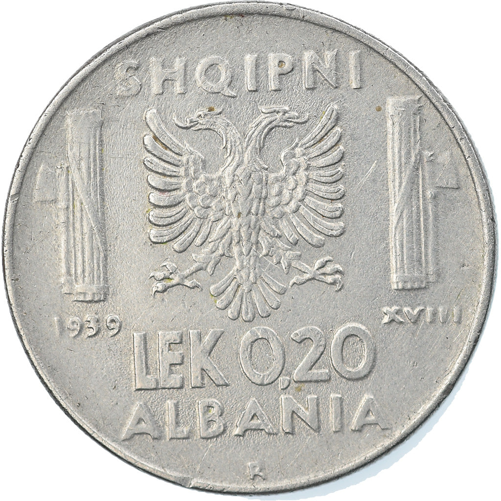 Coin, Albania, Vittorio Emanuele III, 0.20 Lek, 1939, Rome, EF(40-45), Stainless