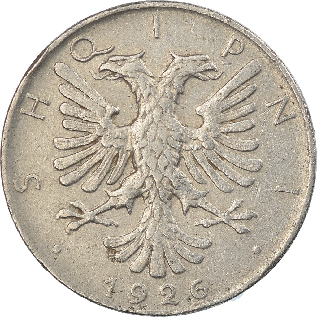 Coin, Albania, 1/2 Lek, 1926, Rome, EF(40-45), Nickel, KM:4