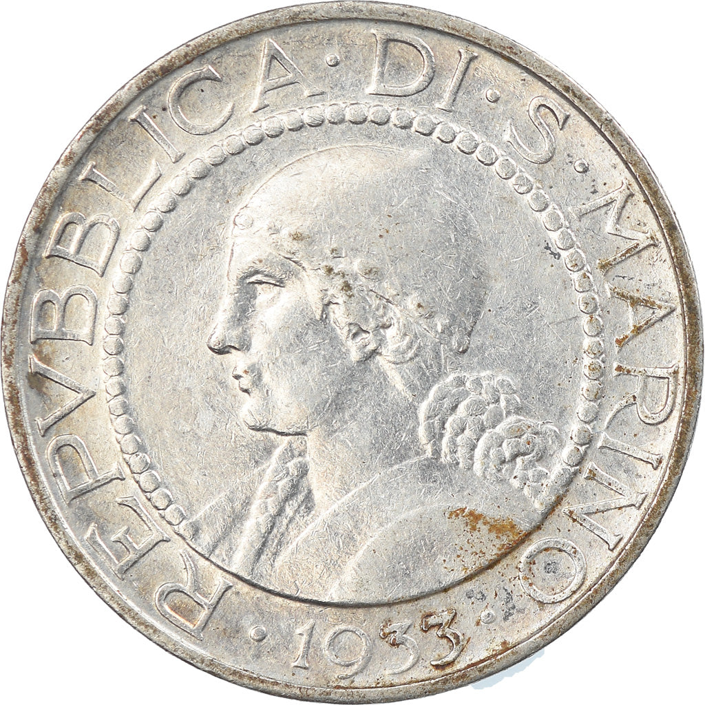 Coin, San Marino, 5 Lire, 1933, Rome, EF(40-45), Silver, KM:9