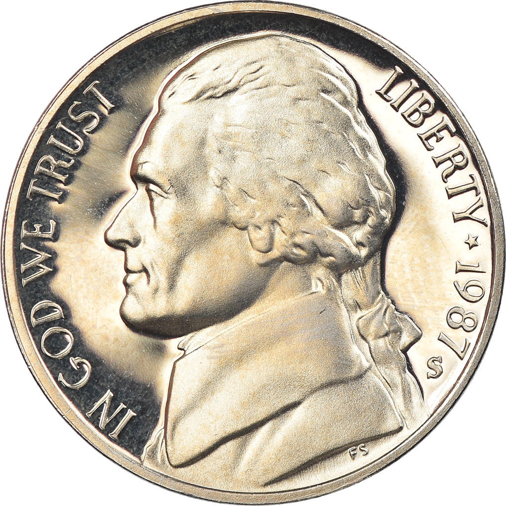 Coin, United States, Jefferson Nickel, 5 Cents, 1987, U.S. Mint, San Francisco