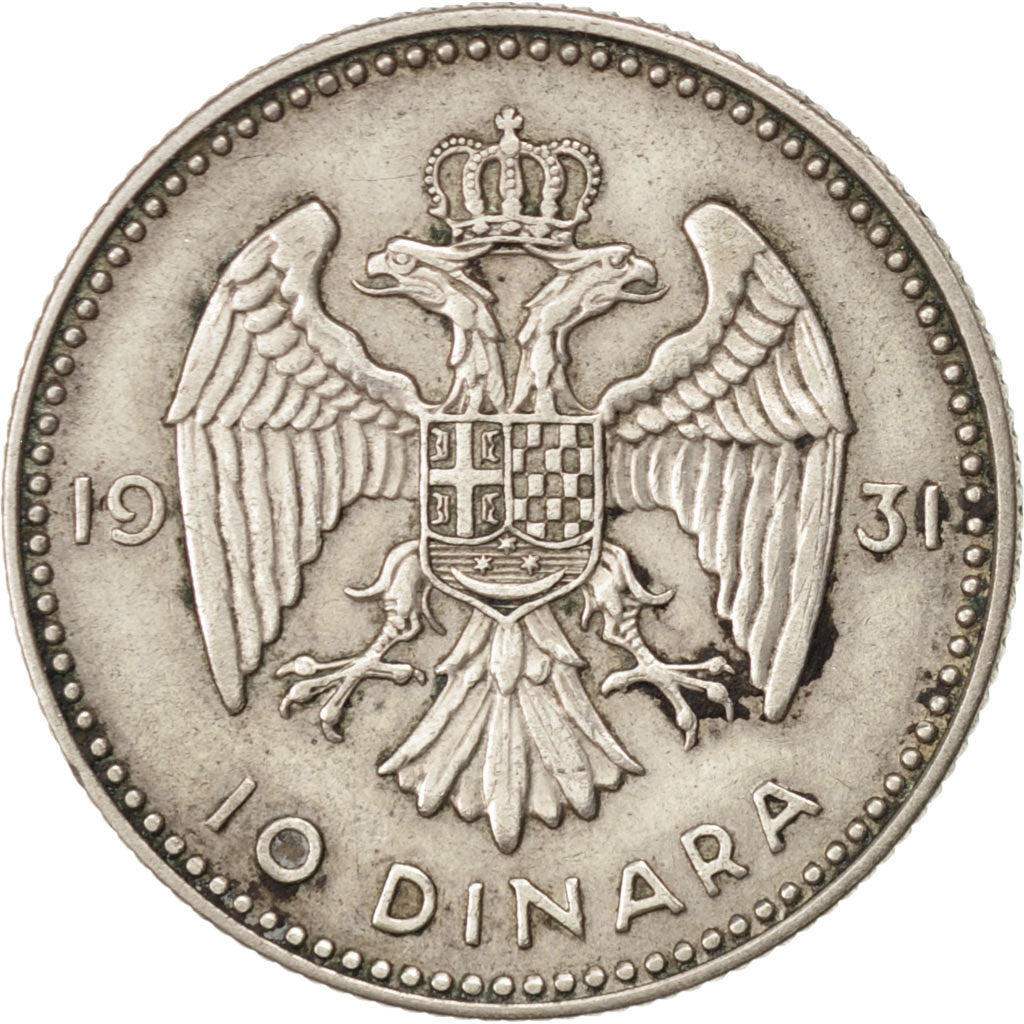 YUGOSLAVIA, 10 Dinara, 1931, KM #10, EF(40-45), Silver, 25, 6.98