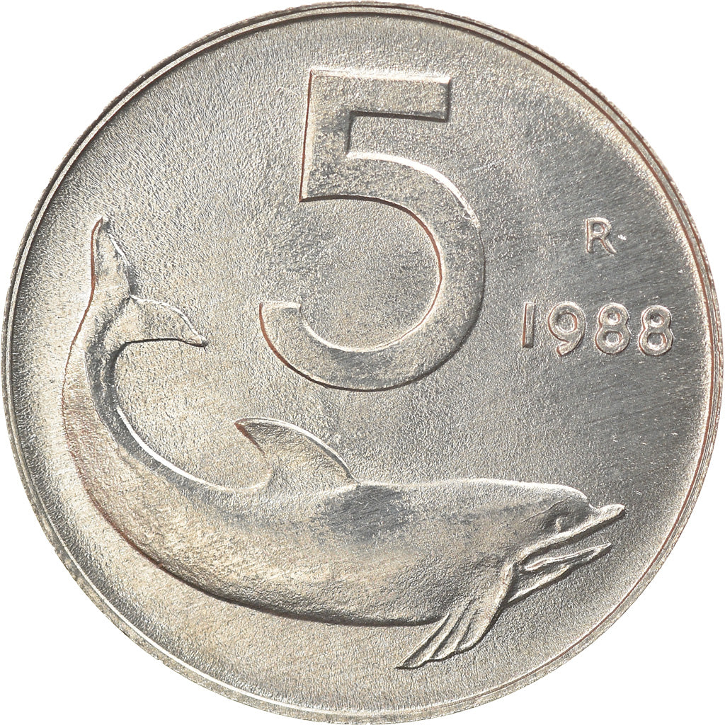 Moeda, Itália, 5 Lire, 1988, Rome, MS(60-62), Alumínio, KM:92
