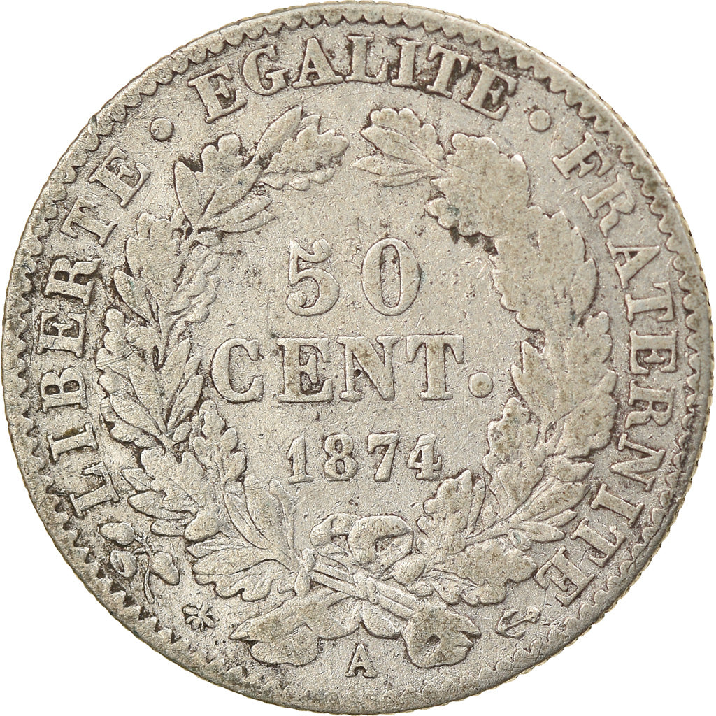 Coin, France, Cérès, 50 Centimes, 1874, Paris, VF(20-25), Silver, KM:834.1