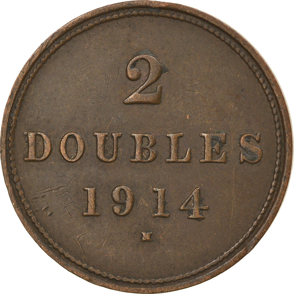 Coin, Guernsey, 2 Doubles, 1914, Heaton, Birmingham, EF(40-45), Bronze Plated