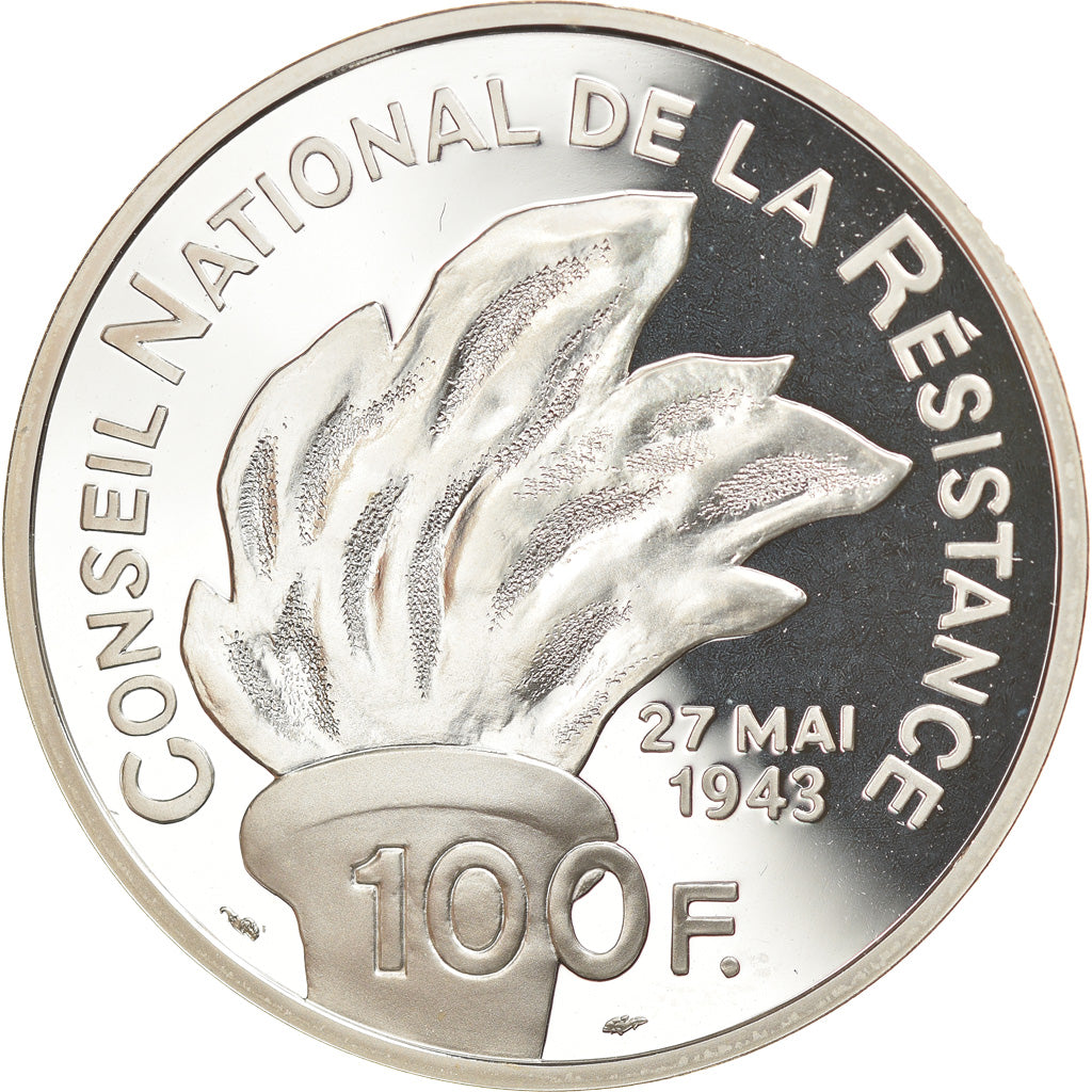 Moeda, França, Jean Moulin, 100 Francs, 1993, BE, MS(65-70), Prata, KM:1023
