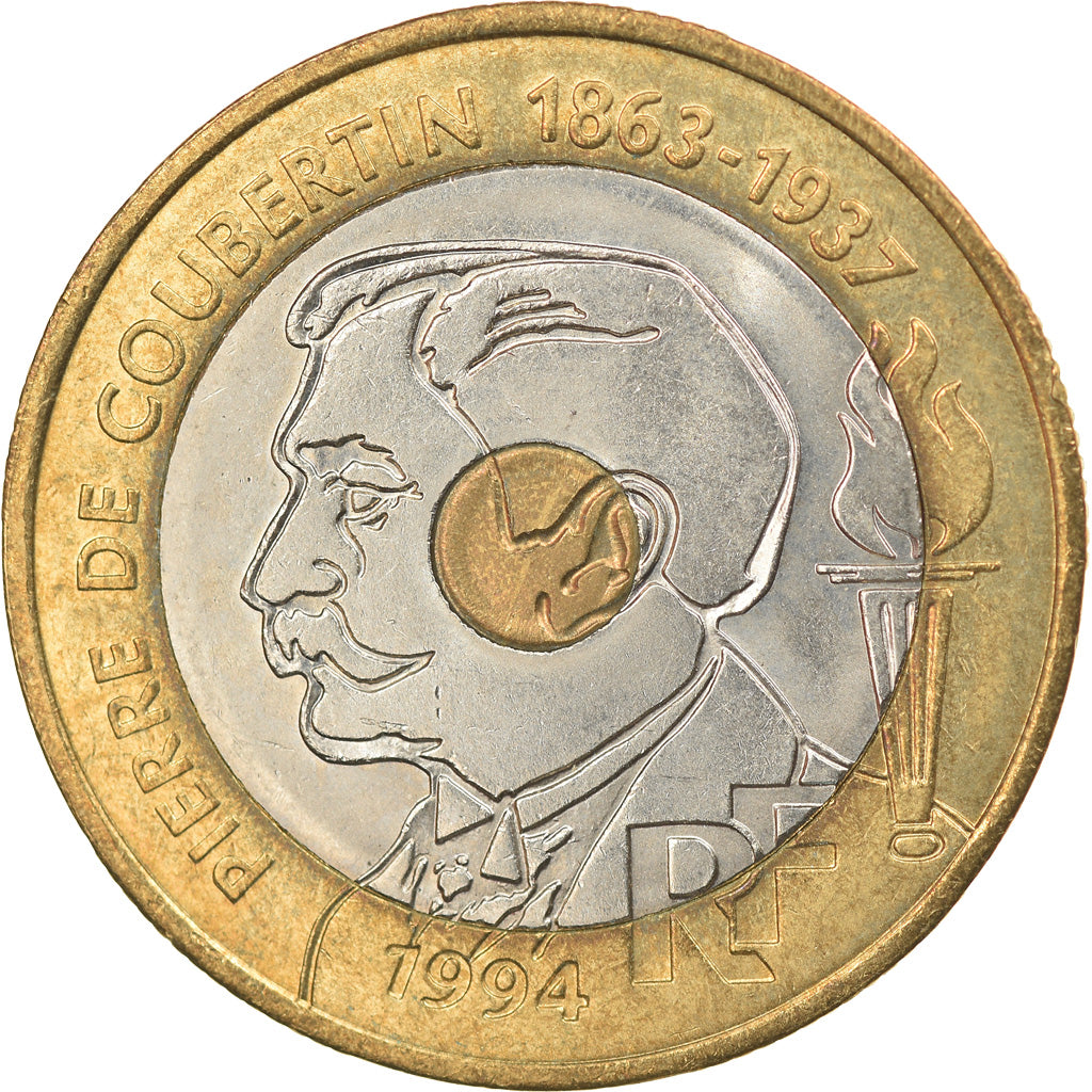Coin, France, Pierre de Coubertin, 20 Francs, 1994, Paris, MS(63), Tri-Metallic