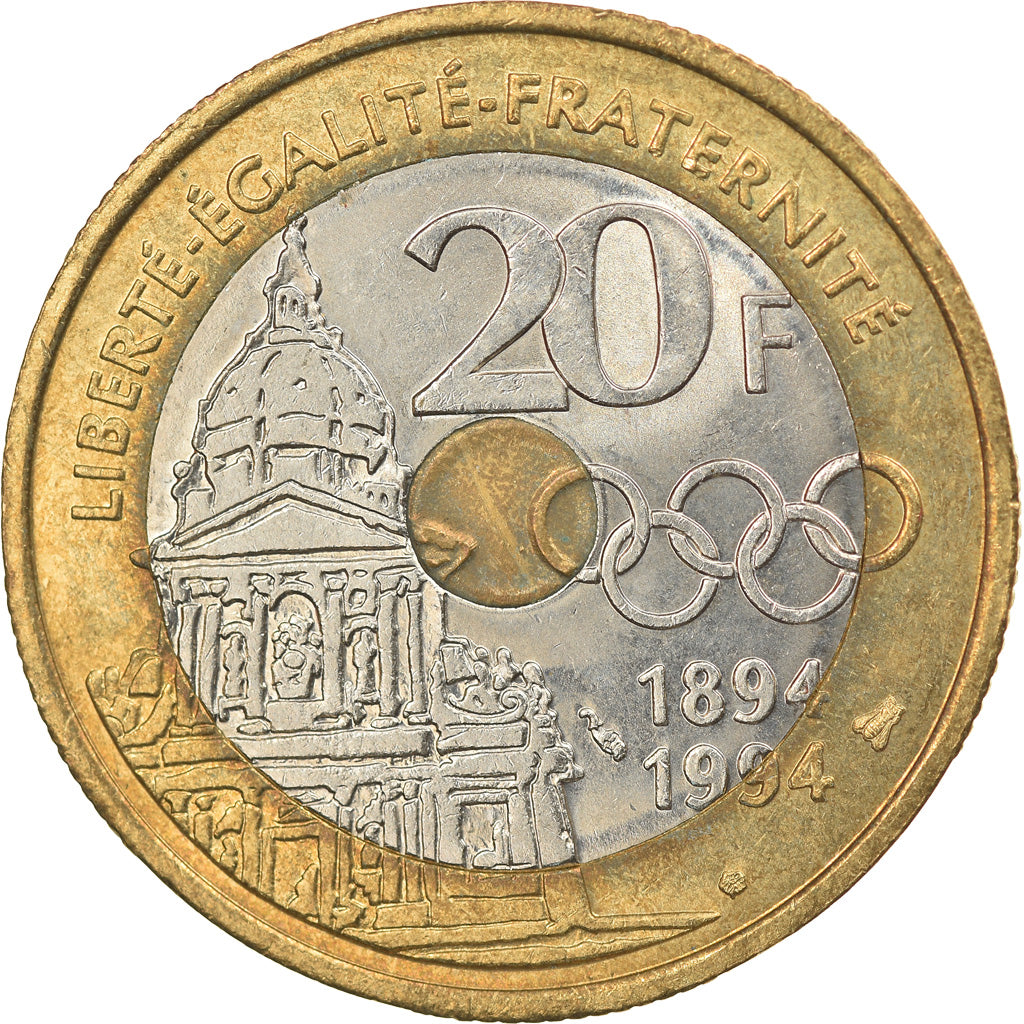 Coin, France, Pierre de Coubertin, 20 Francs, 1994, Paris, MS(63), Tri-Metallic