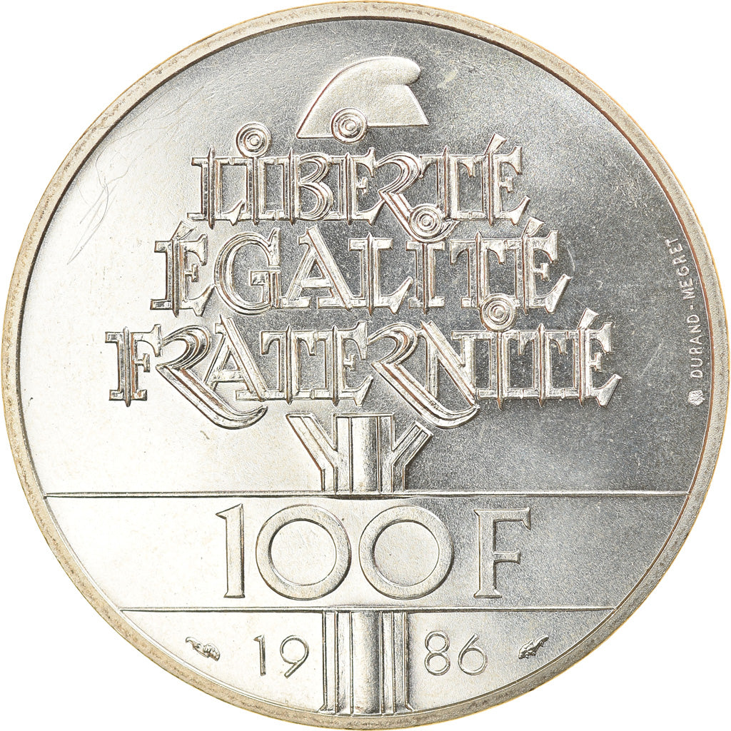 Moeda, França, Statue de la Liberté, 100 Francs, 1986, MS(65-70), Prata