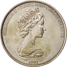 TURKS & CAICOS ISLANDS, 5 Crowns, 1991, KM #75, AU(55-58), Copper-Nickel, 28.34