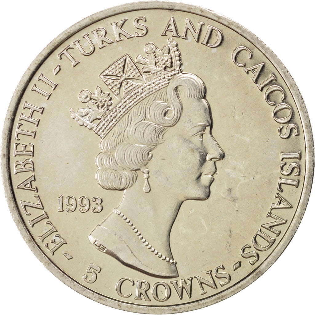 TURKS & CAICOS ISLANDS, 5 Crowns, 1993, KM #181, MS(63), Copper-Nickel, 26.40