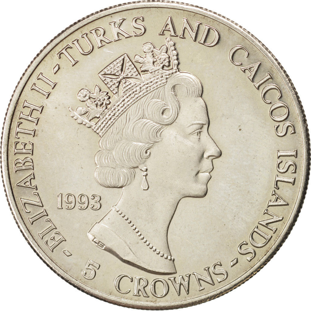 TURKS & CAICOS ISLANDS, 5 Crowns, 1993, KM #127, MS(63), Copper-Nickel, 26.55