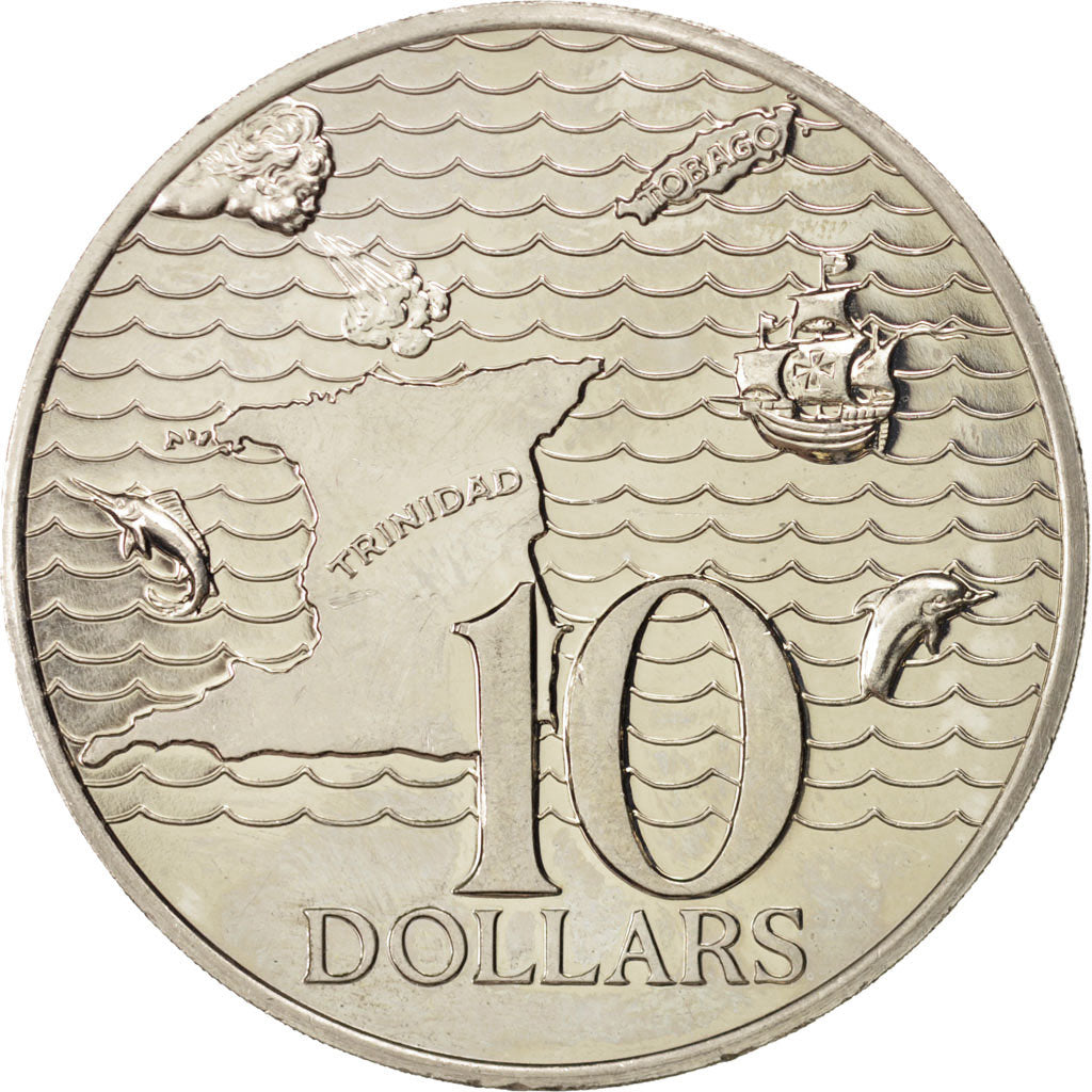 TRINIDAD & TOBAGO, 10 Dollars, 1975, Franklin Mint, KM #24, AU(55-58),...