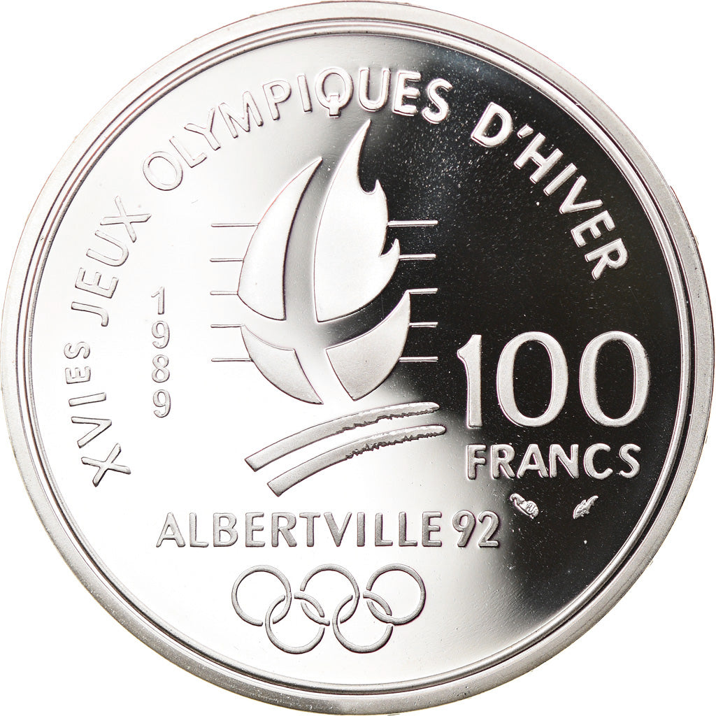 Coin, France, Alpine skiing, 100 Francs, 1989, BE, MS(65-70), Silver, KM:971