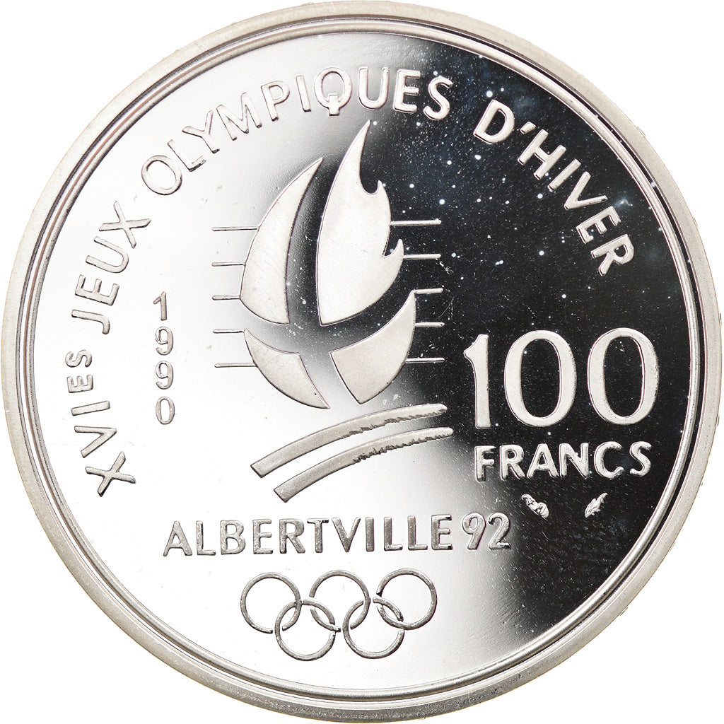 Coin, France, Bobsleigh, 100 Francs, 1990, BE, MS(65-70), Silver, KM:981