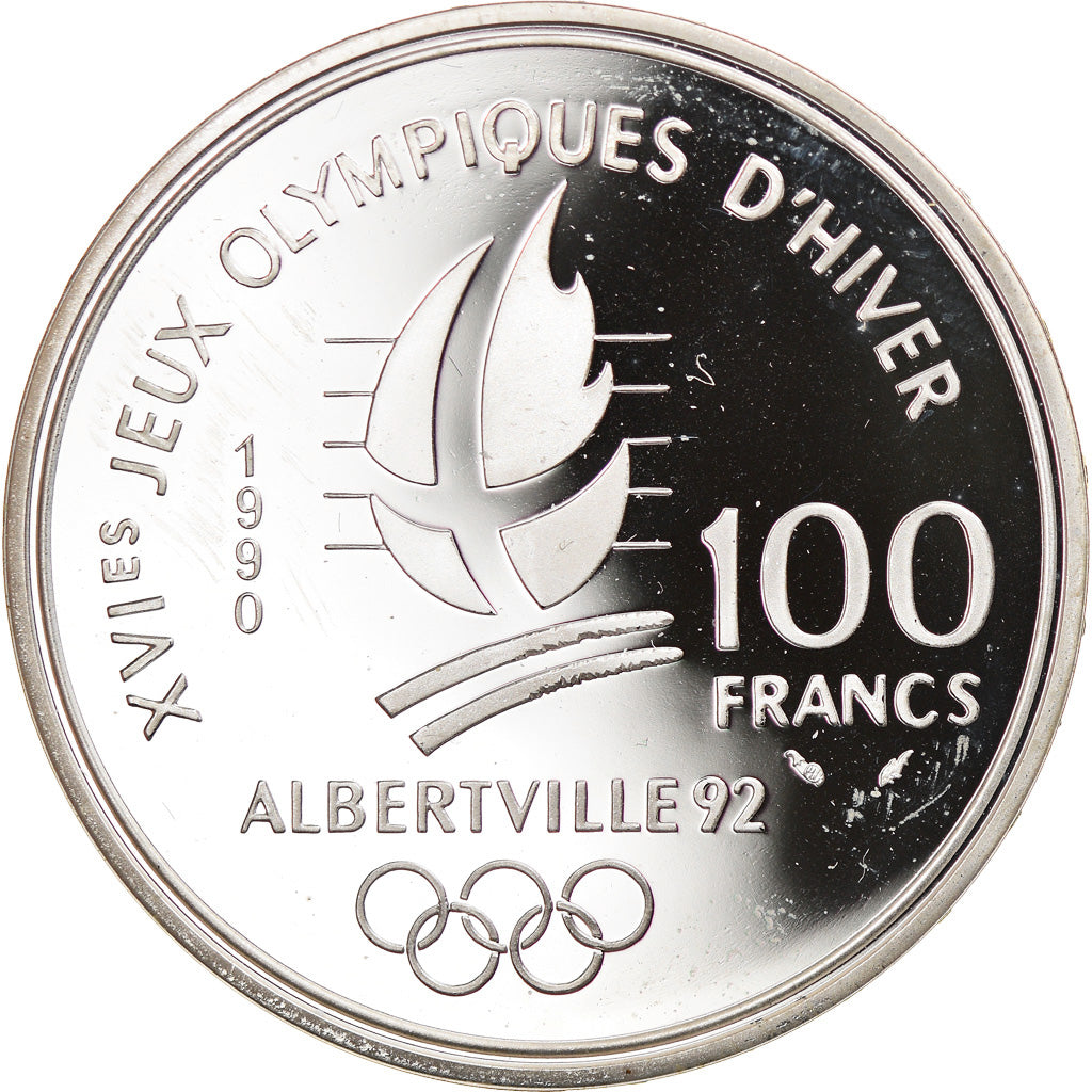Coin, France, Free-style skier, 100 Francs, 1990, BE, MS(65-70), Silver, KM:983