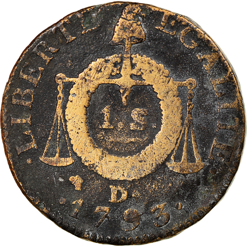 Moeda, França, Sol aux Balances, 1793, Dijon, VG(8-10), Métal de cloche