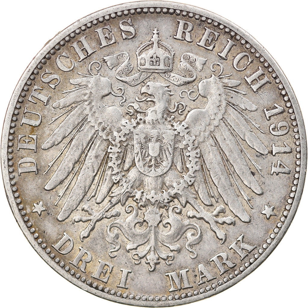 Moneta, Stati tedeschi, WURTTEMBERG, Wilhelm II, 3 Mark, 1914, Freudenstadt